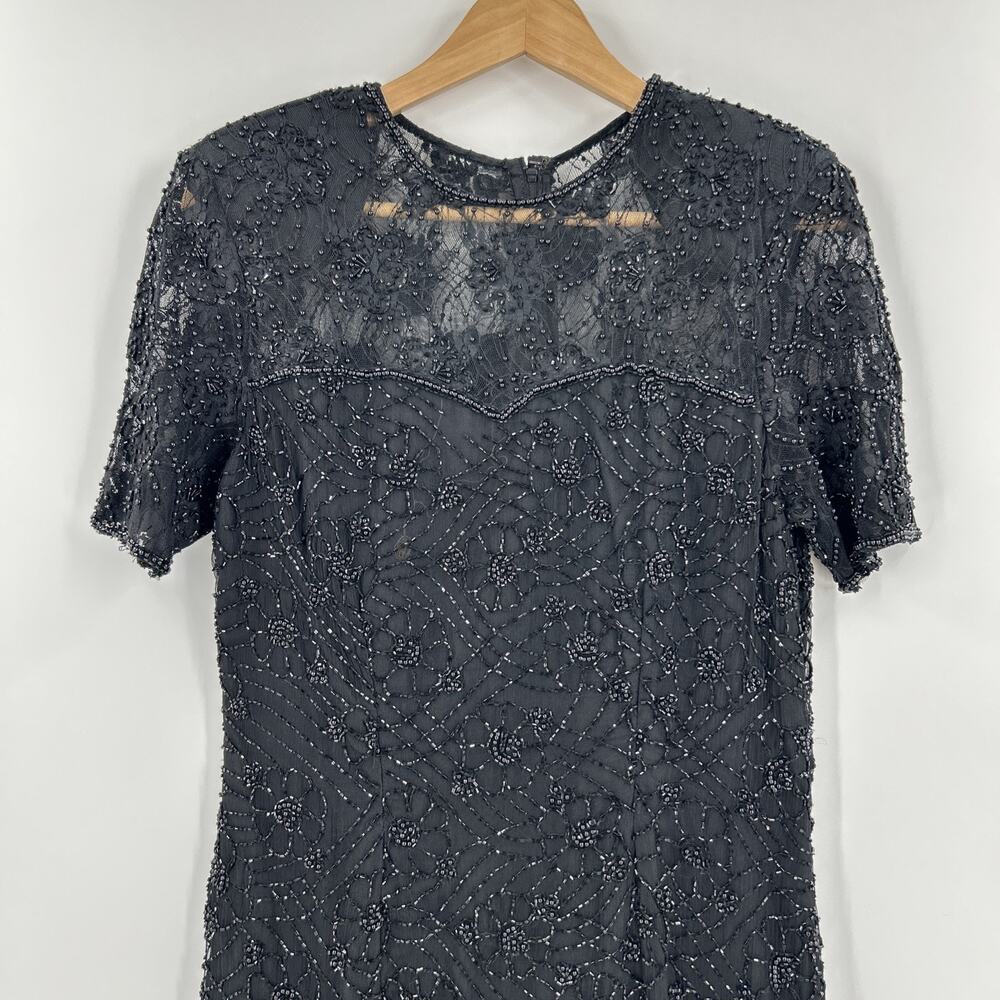 Vintage 80s Sténay Dress Size 8 100% Silk Black Sequin Beaded Mini Cocktail